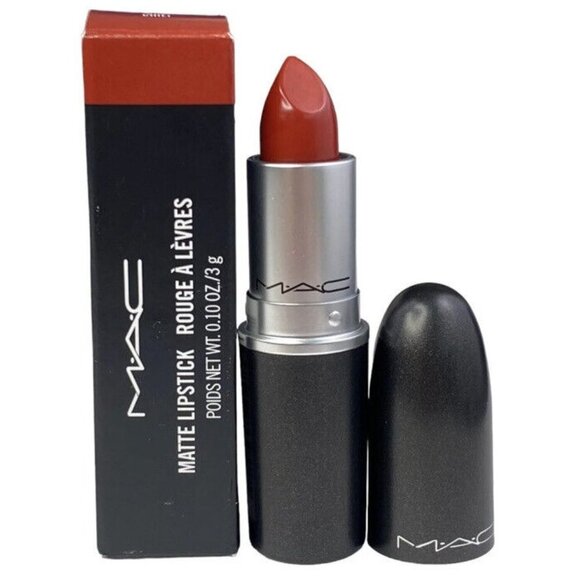 MAC Matte Lipstick Chili 602 No Shine Long Wearing Warm Deep Red .10oz NIB - Picture 2 of 5